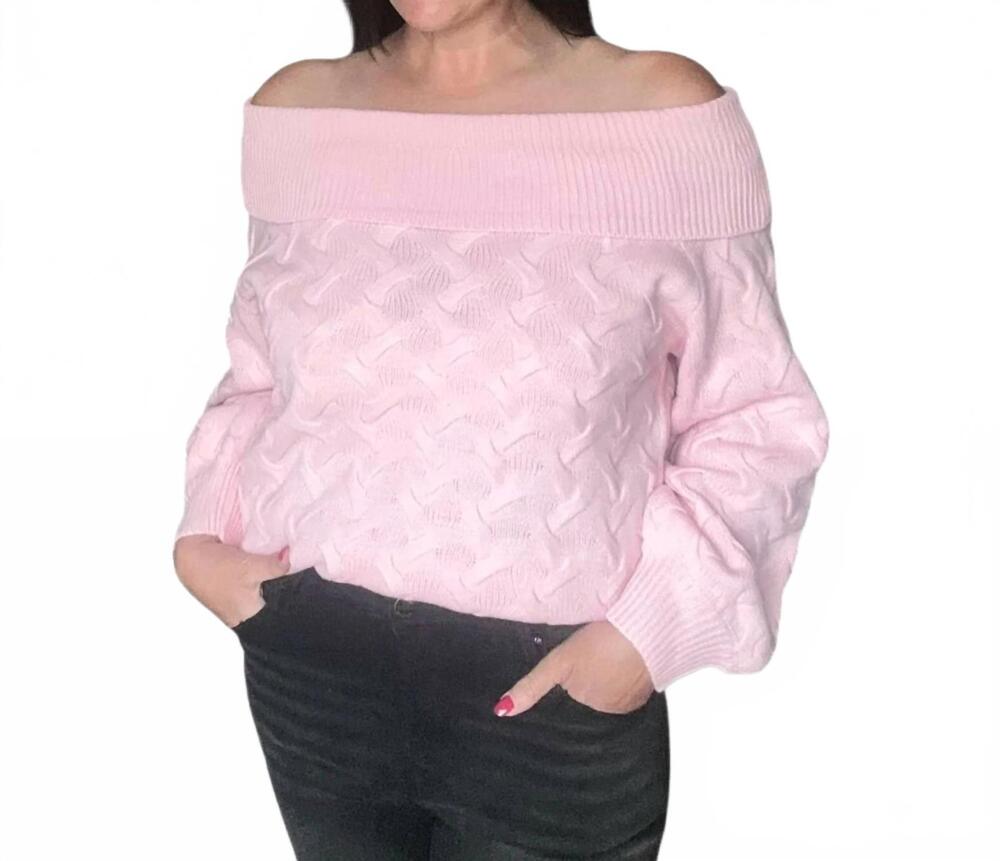 NEW VINE & LOVE greer ribbed fold over off the shoulder textured sweater in pink